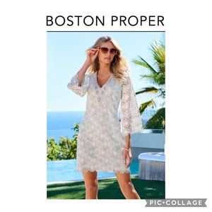 White/Silver Metallic Lace Dress with Beaded Neckline. NWT.